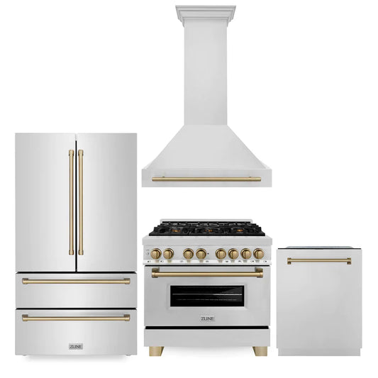 ZLINE 4-Appliance 36" Autograph Edition Kitchen Package with Stainless Steel Dual Fuel Range, Range Hood, Dishwasher, and Refrigeration with Champagne Bronze Accents