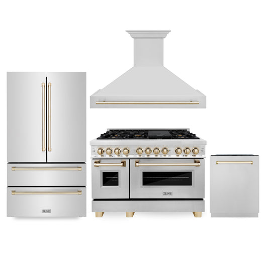 ZLINE 48" Autograph Edition 4 Appliance Package with Stainless Steel Dual Fuel Range, Range Hood, Dishwasher, and Refrigeration - Polished Gold Accents