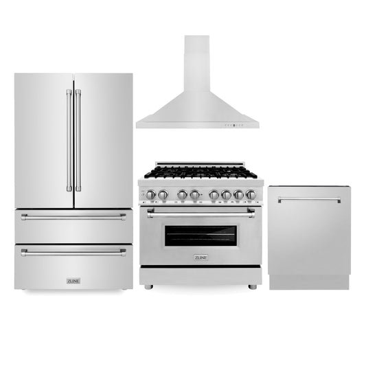 ZLINE 4-Appliance Kitchen Package with Stainless Steel Refrigeration, 36" Dual Fuel Range, 36" Convertible Vent Range Hood, and 24" Tall Tub Dishwasher