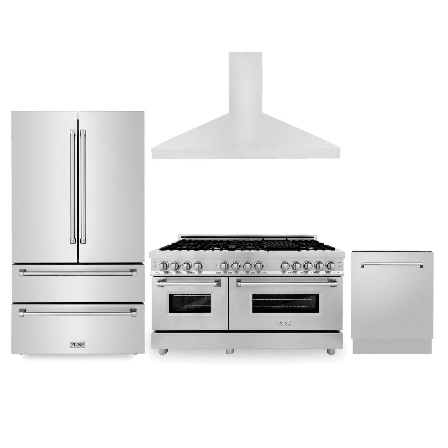 ZLINE 4-Appliance Kitchen Package with Stainless Steel Refrigeration, 60" Dual Fuel Range, 60" Convertible Vent Range Hood, and 24" Tall Tub Dishwasher