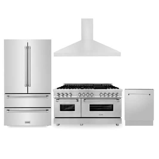ZLINE 4-Appliance Kitchen Package with Stainless Steel Refrigeration, 60" Dual Fuel Range, 60" Convertible Vent Range Hood, and 24" Tall Tub Dishwasher