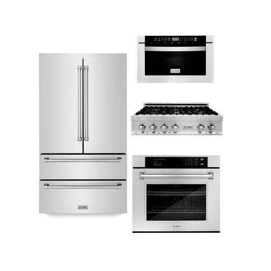 ZLINE Kitchen Package with Stainless Steel Refrigeration, 36" Rangetop, 30" Single Wall Oven, and 30" Microwave Oven