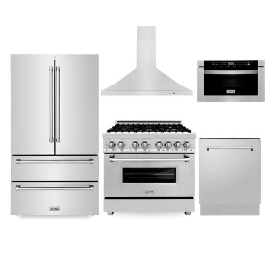 ZLINE Kitchen Package with 36" French Door Refrigerator, 36" Stainless Steel Dual Fuel Range, 36" Convertible Vent Range Hood, 24" Microwave Drawer, and 24" Tall Tub Dishwasher