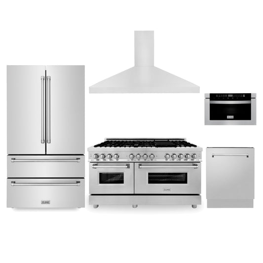 ZLINE 5-Appliance Kitchen Package with Refrigeration, 60" Stainless Steel Dual Fuel Range, 60" Convertible Vent Range Hood, 24" Microwave Drawer, and 24" Tall Tub Dishwasher