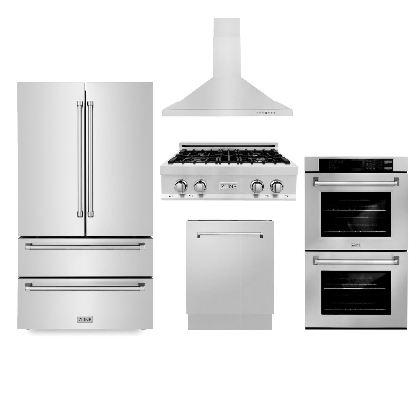 ZLINE 5-Appliance Kitchen Package with Refrigeration, 30" Stainless Steel Gas Rangetop, 30" Convertible Vent Range Hood, 30" Double Wall Oven, and 24" Tall Tub Dishwasher
