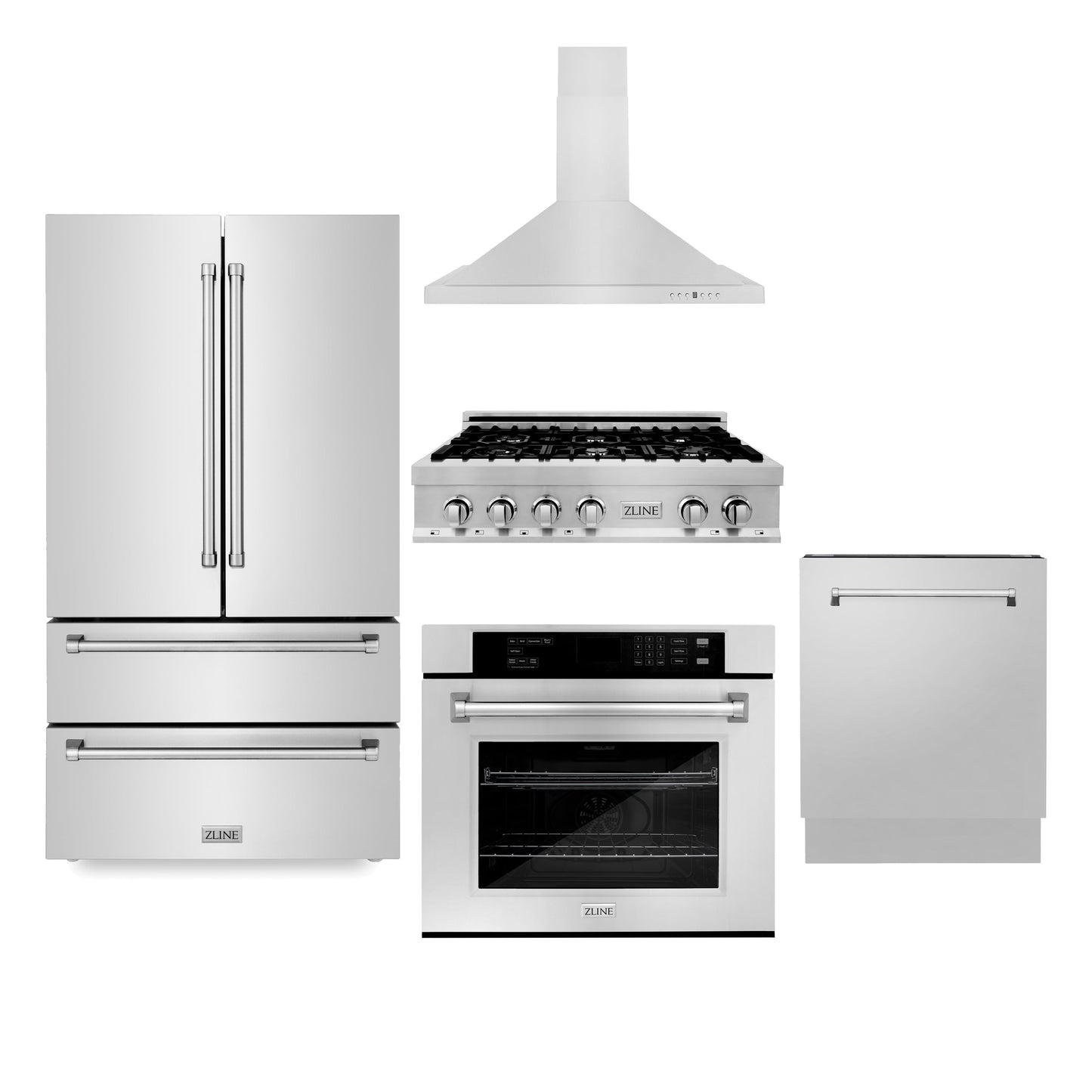ZLINE 5-Appliance Kitchen Package with Refrigeration, 30" Stainless Steel Rangetop, 30" Range Hood, 30" Single Wall Oven, and 24" Tall Tub Dishwasher