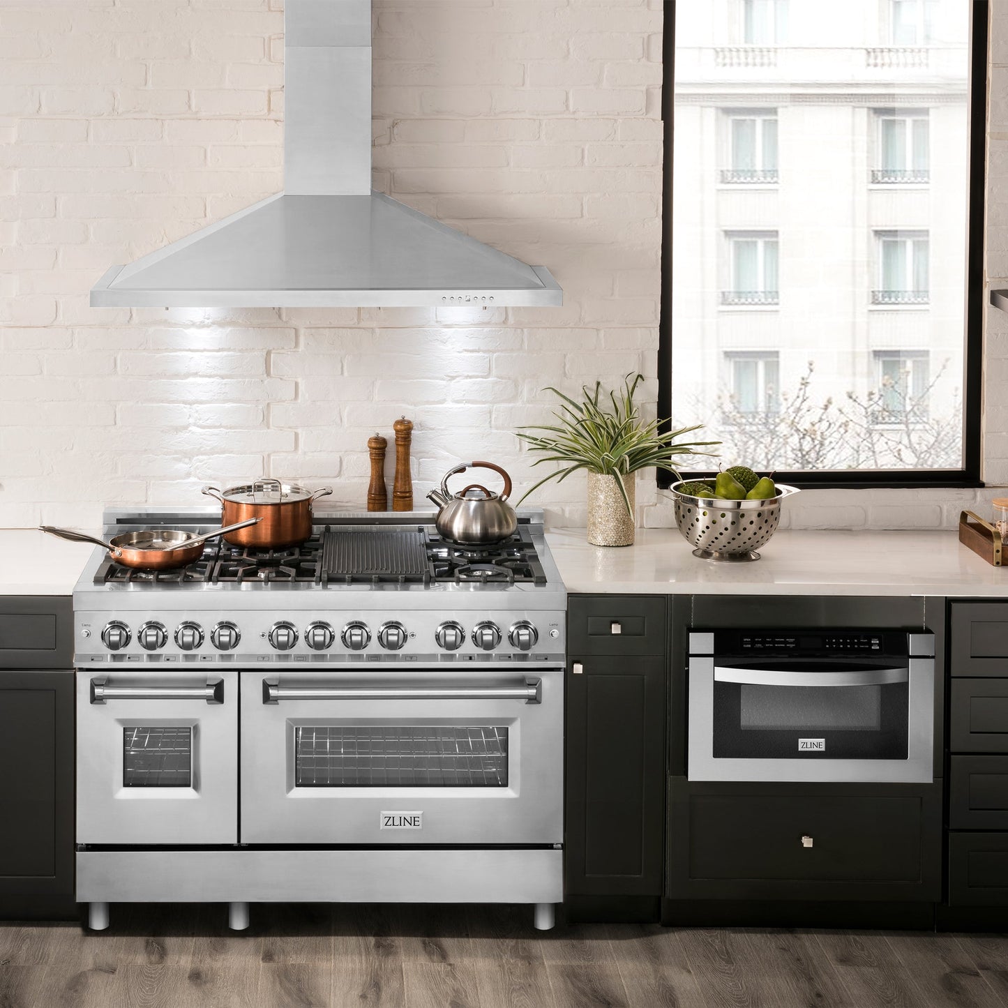 ZLINE 2-Appliance Kitchen Package with 48" Stainless Steel Dual Fuel Range and Convertible Vent Range Hood