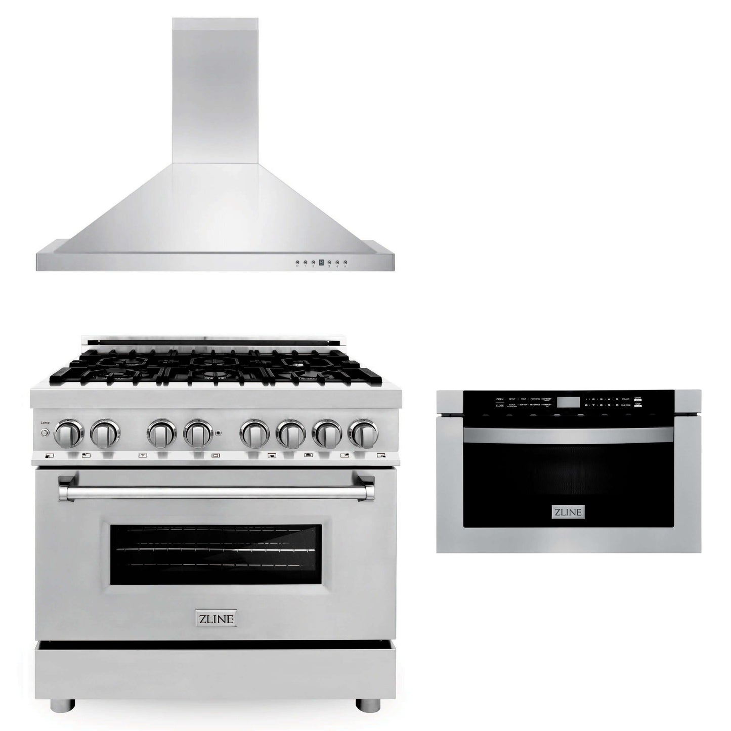 ZLINE 3-Appliance 36" Kitchen Package with Stainless Steel Dual Fuel Range, Convertible Vent Range Hood, and Microwave Drawer