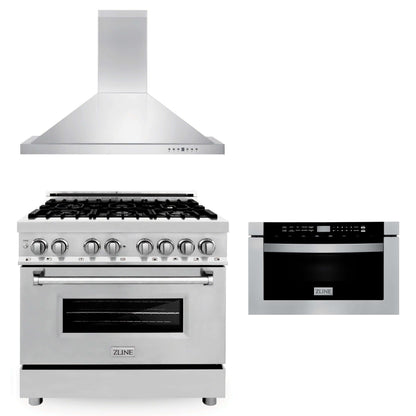 ZLINE 3-Appliance 36" Kitchen Package with Stainless Steel Dual Fuel Range, Convertible Vent Range Hood, and Microwave Drawer