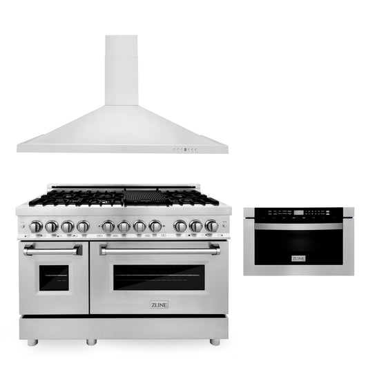 ZLINE 3-Appliance 48" Kitchen Package with Stainless Steel Dual Fuel Range, Convertible Vent Range Hood, and Microwave Drawer