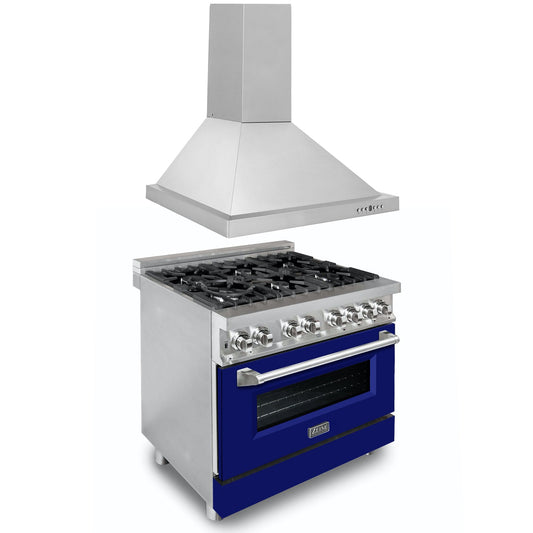 ZLINE 2-Appliance 36" Kitchen Package with Stainless Steel Dual Fuel Range with Matte Blue Door and Convertible Vent Range Hood