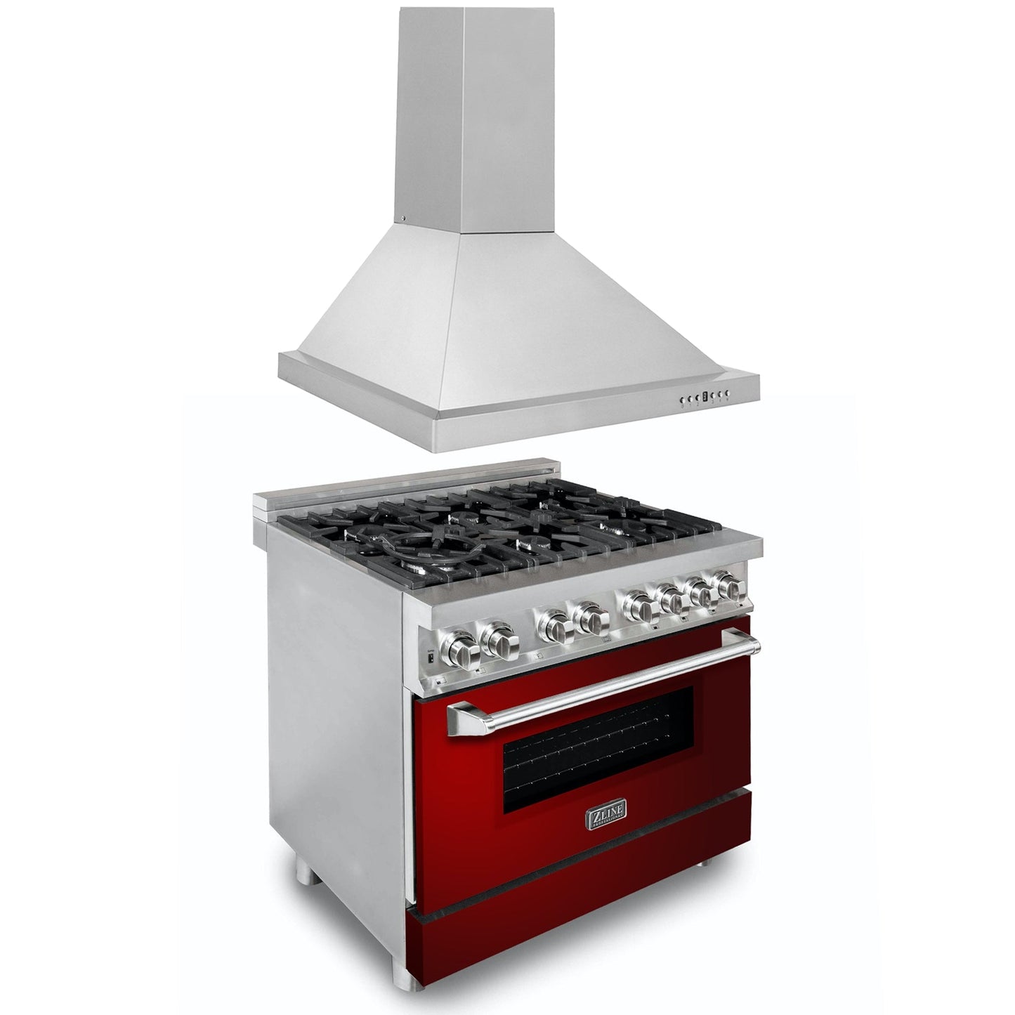 ZLINE 2-Appliance 36" Kitchen Package with Stainless Steel Dual Fuel Range with Glossy Red Door and Convertible Vent Range Hood