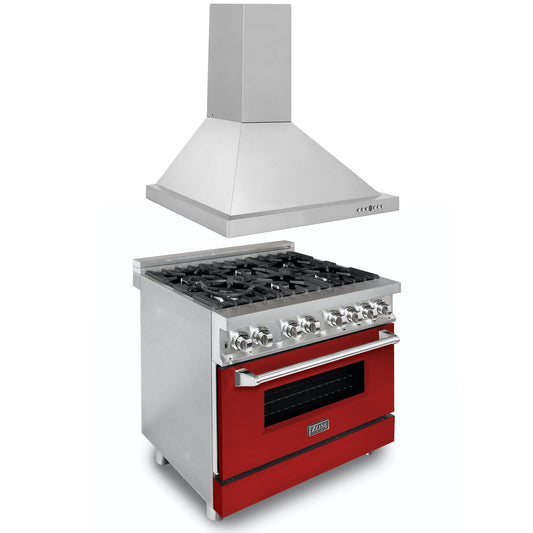 ZLINE 2-Appliance 36" Kitchen Package with DuraSnow Stainless Steel Dual Fuel Range with Matte Red Door and Convertible Vent Range Hood