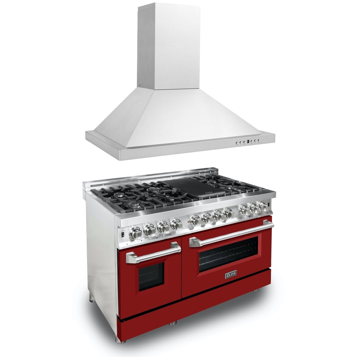 ZLINE 2-Appliance 48" Kitchen Package with Stainless Steel Dual Fuel Range with Glossy Red Door and Convertible Vent Range Hood