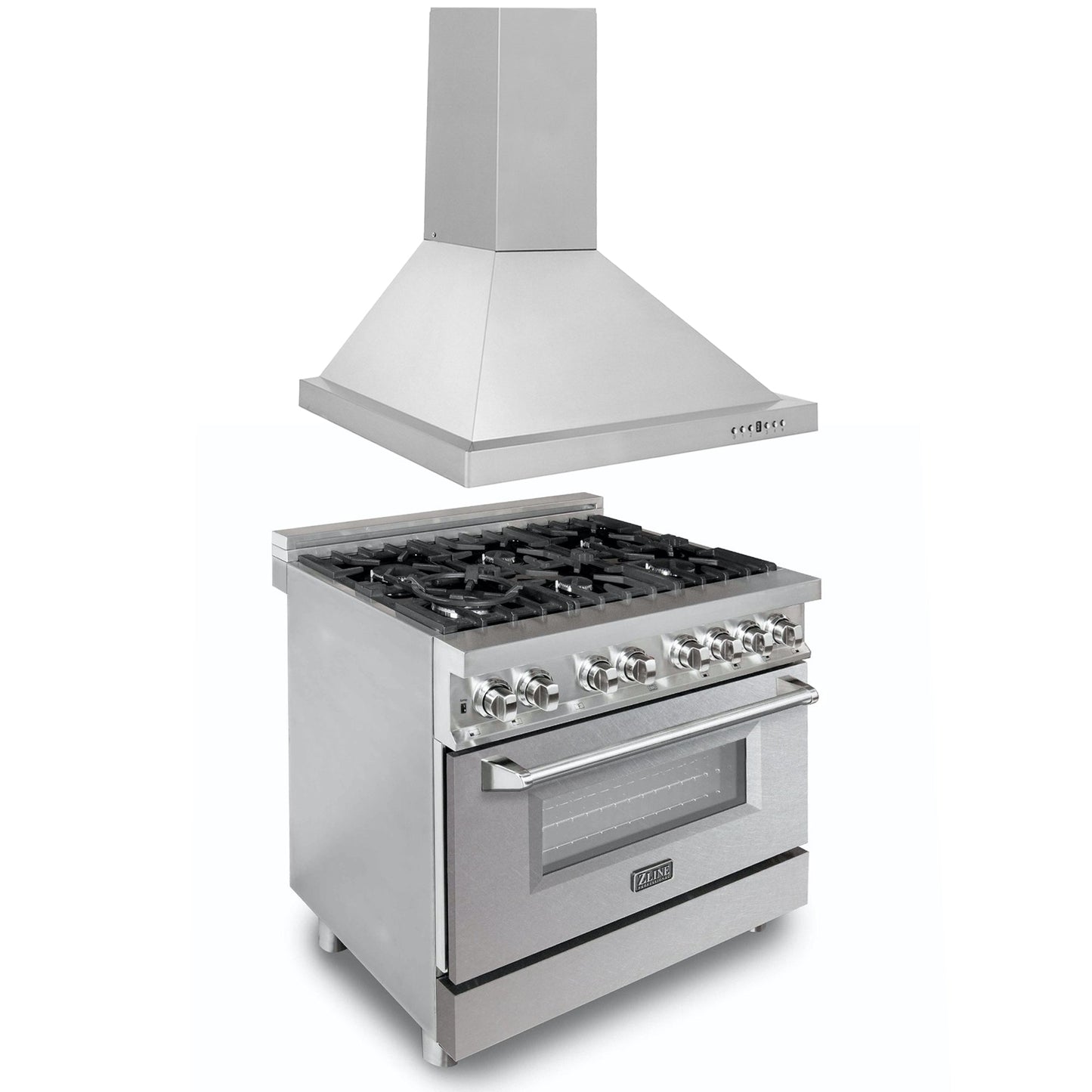 ZLINE 2-Appliance 36" Kitchen Package with Stainless Steel Dual Fuel Range with DuraSnow Door and Convertible Vent Range Hood