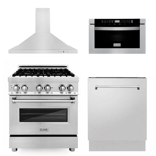 ZLINE 4-Appliance 30" Kitchen Package with Stainless Steel Dual Fuel Range, Range Hood, Microwave Drawer, and Tall Tub Dishwasher
