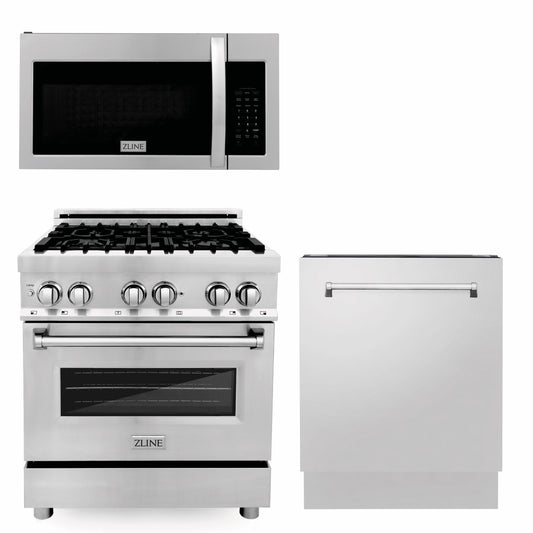 ZLINE 3-Appliance 30" Kitchen Package with Stainless Steel Dual Fuel Range, 30" Over the Range Microwave, and Stainless Steel Dishwasher