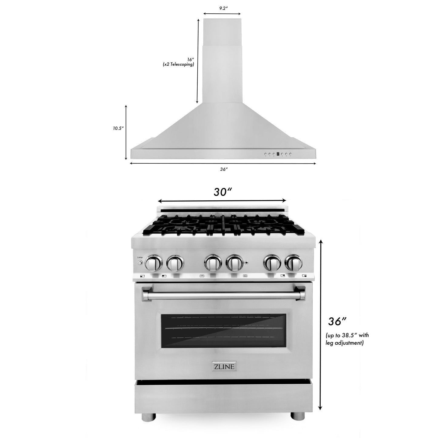 ZLINE 2-Appliance 30" Kitchen Package with Stainless Steel Dual Fuel Range and Convertible Vent Range Hood