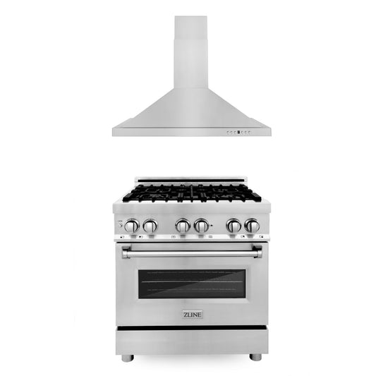ZLINE 2-Appliance 30" Kitchen Package with Stainless Steel Dual Fuel Range and Convertible Vent Range Hood