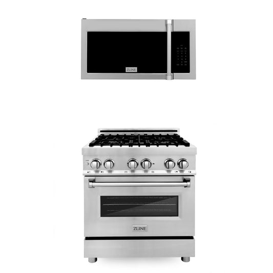 ZLINE 2-Appliance Kitchen Package with 30" Stainless Steel Dual Fuel Range and Over the Range Microwave with Traditional Handle