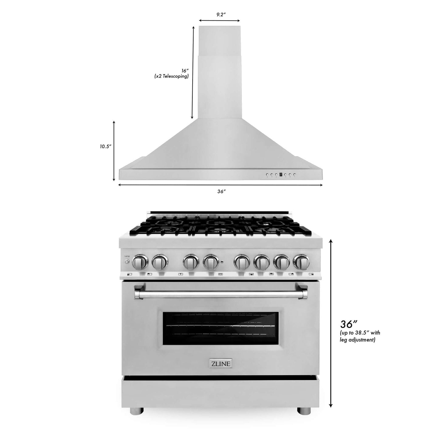 ZLINE 2-Appliance Kitchen Package with 36" Stainless Steel Dual Fuel Range and Convertible Vent Range Hood