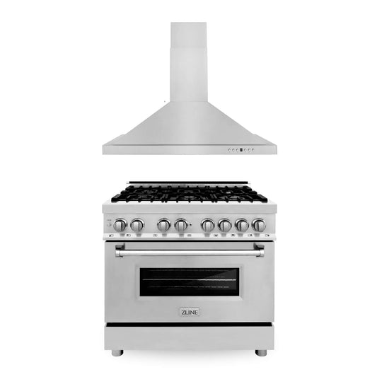 ZLINE 2-Appliance Kitchen Package with 36" Stainless Steel Dual Fuel Range and Convertible Vent Range Hood