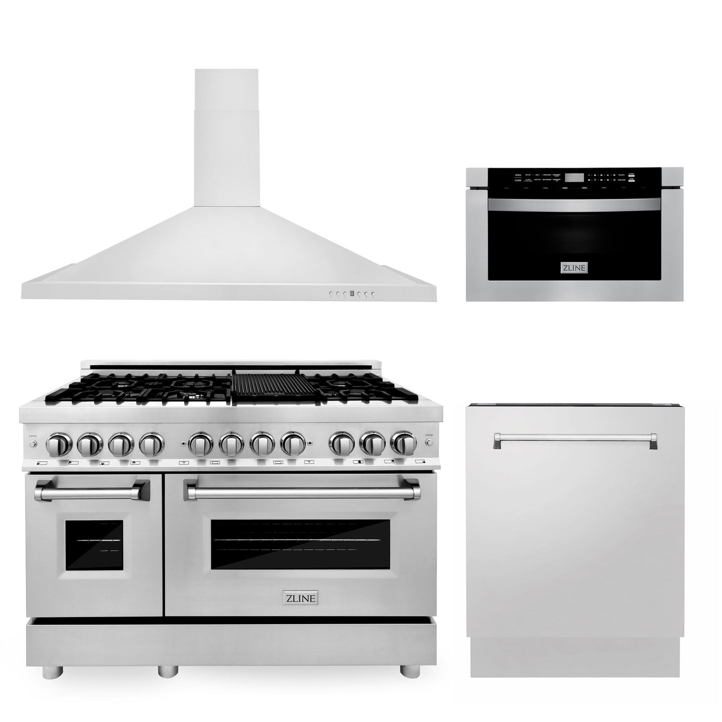ZLINE 48" Kitchen Package with Dual Fuel Range, Range Hood, Microwave Drawer, and Tall Tub Dishwasher - Stainless Steel
