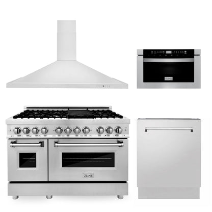 ZLINE 48" Kitchen Package with Dual Fuel Range, Range Hood, Microwave Drawer, and Tall Tub Dishwasher - Stainless Steel