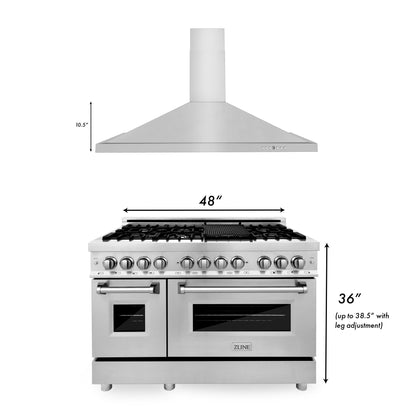 ZLINE 2-Appliance Kitchen Package with 48" Stainless Steel Dual Fuel Range and Convertible Vent Range Hood