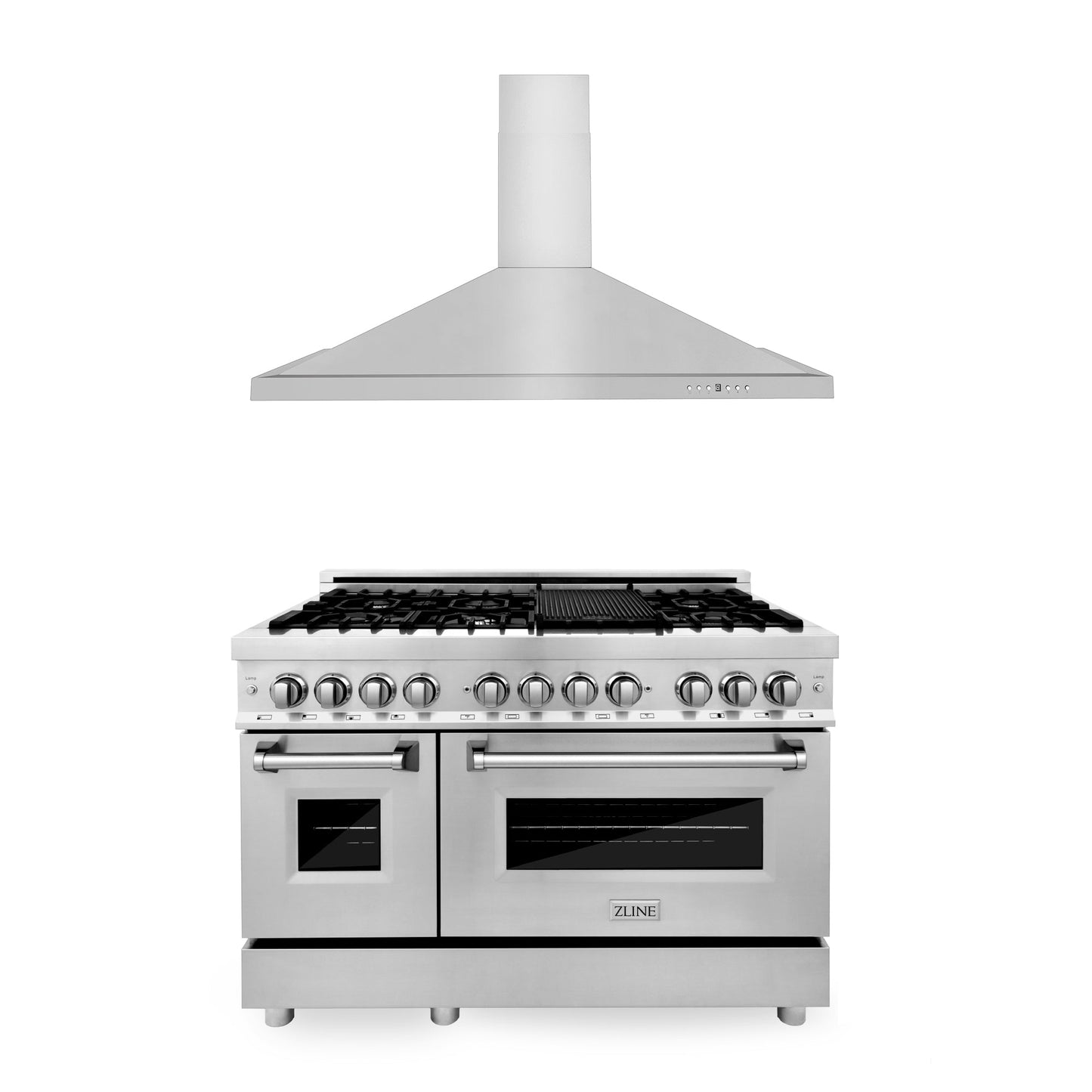 ZLINE 2-Appliance Kitchen Package with 48" Stainless Steel Dual Fuel Range and Convertible Vent Range Hood