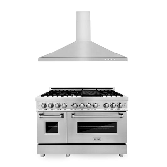 ZLINE 2-Appliance Kitchen Package with 48" Stainless Steel Dual Fuel Range and Convertible Vent Range Hood