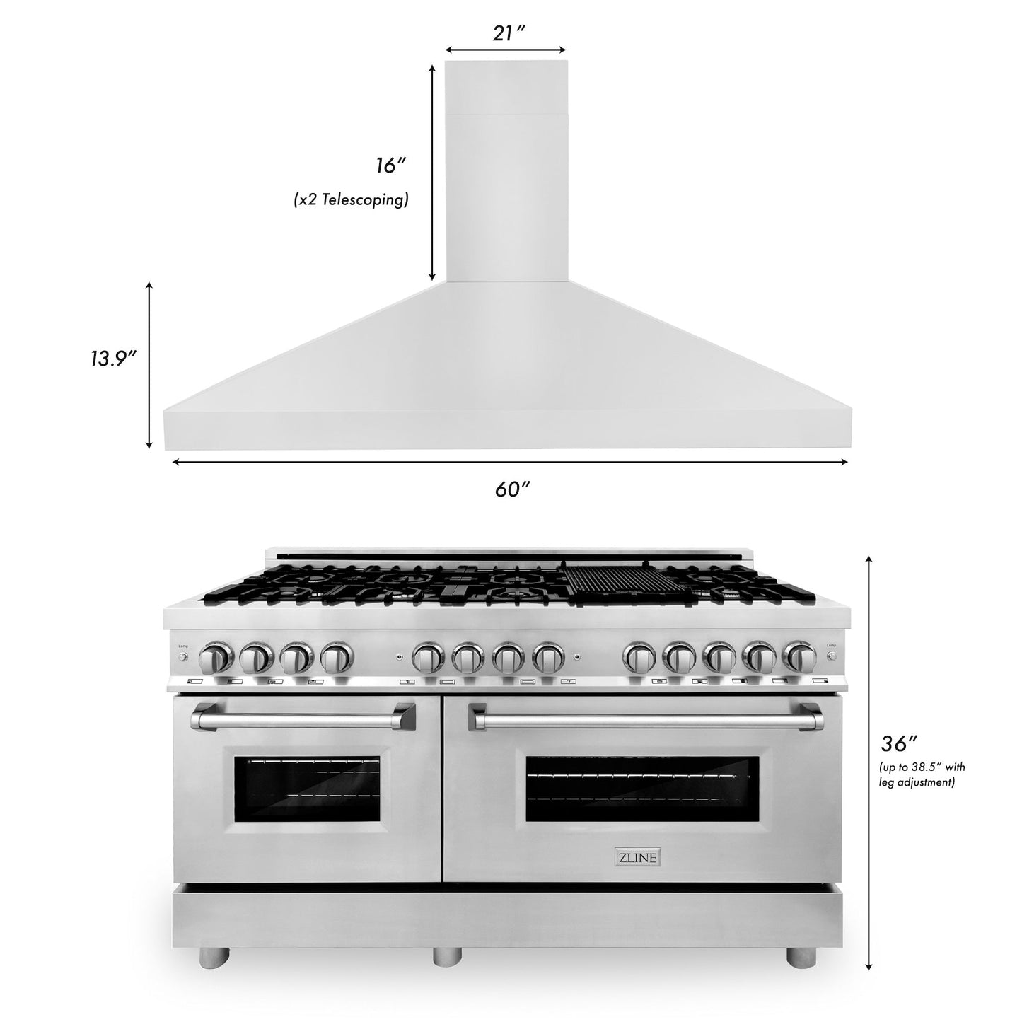 ZLINE 2-Appliance Kitchen Package with 60" Stainless Steel Dual Fuel Range and Convertible Vent Range Hood