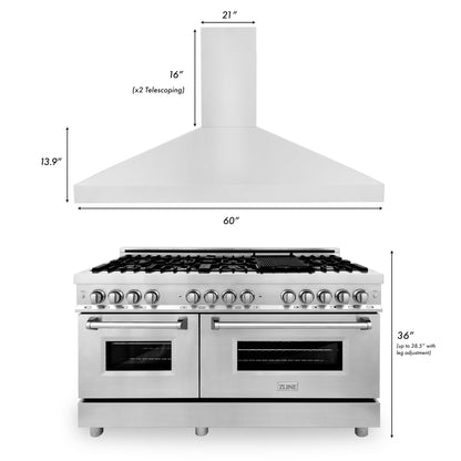 ZLINE 2-Appliance Kitchen Package with 60" Stainless Steel Dual Fuel Range and Convertible Vent Range Hood