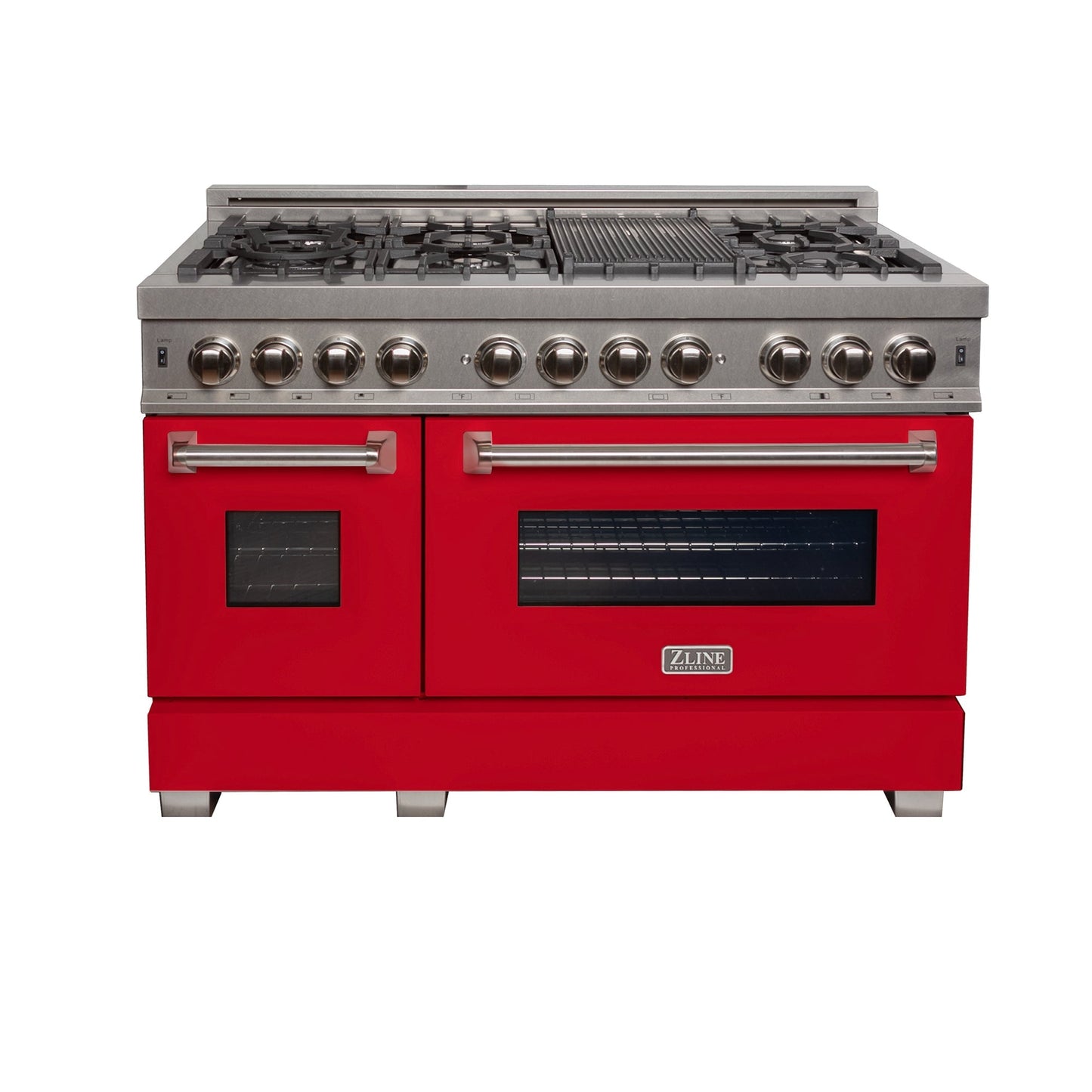 ZLINE 2-Appliance 48" Kitchen Package with DuraSnow Stainless Steel Dual Fuel Range with Matte Red Door and Convertible Vent Range Hood