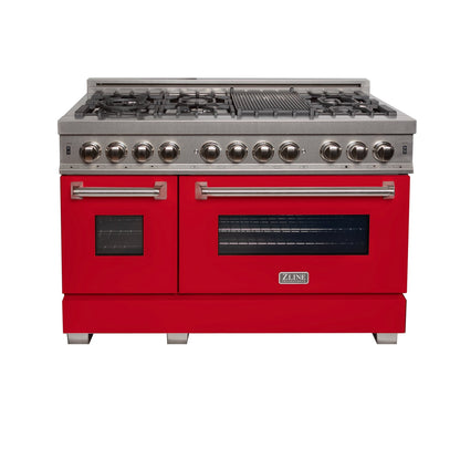 ZLINE 2-Appliance 48" Kitchen Package with DuraSnow Stainless Steel Dual Fuel Range with Matte Red Door and Convertible Vent Range Hood
