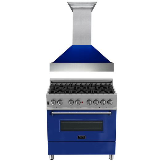 ZLINE 2-Appliance 36" Kitchen Package with DuraSnow Stainless Steel Dual Fuel Range with Glossy Blue Door and Convertible Vent Range Hood