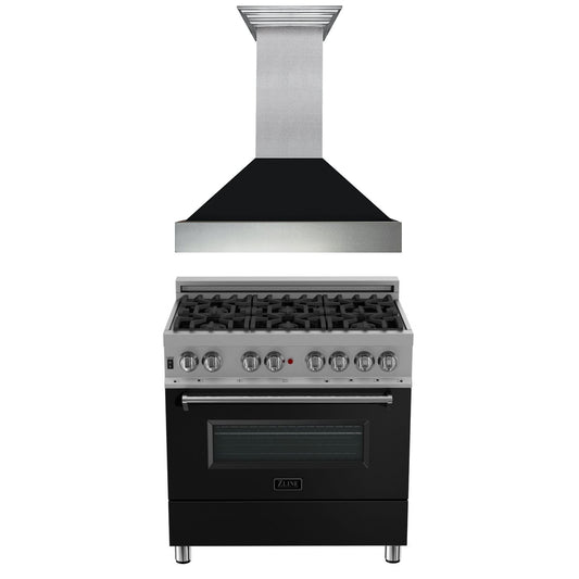 ZLINE 2-Appliance 36" Kitchen Package with DuraSnow Stainless Steel Dual Fuel Range with Matte Black Door and Convertible Vent Range Hood