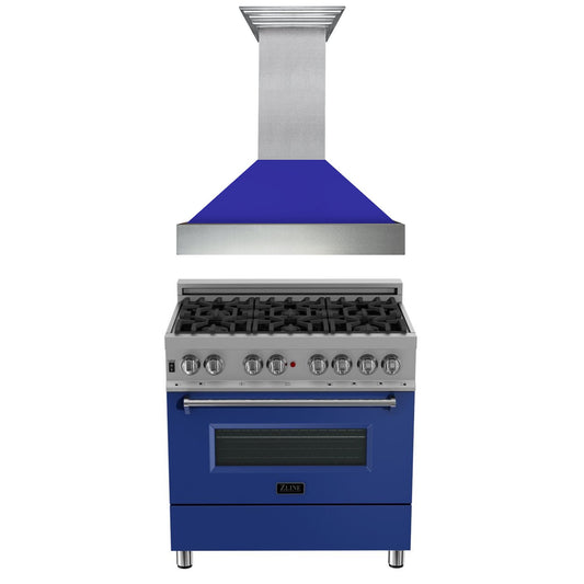 ZLINE 2-Appliance 36" Kitchen Package with DuraSnow Stainless Steel Dual Fuel Range with Matte Blue Door and Convertible Vent Range Hood