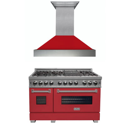 ZLINE 2-Appliance 48" Kitchen Package with DuraSnow Stainless Steel Dual Fuel Range with Matte Red Door and Convertible Vent Range Hood