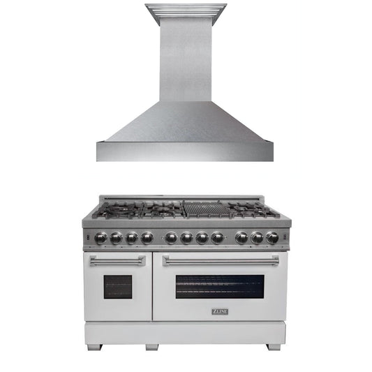 ZLINE 2-Appliance 48" Kitchen Package with DuraSnow Stainless Steel Dual Fuel Range with Matte White Door and Convertible Vent Range Hood