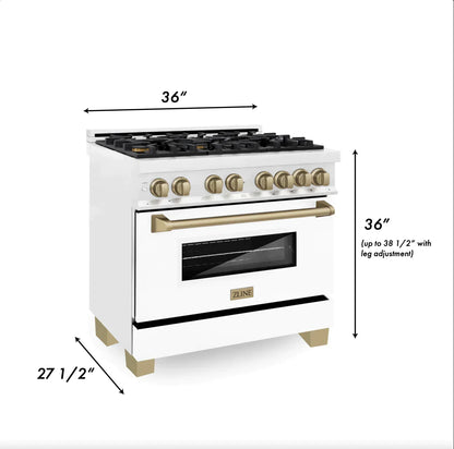 ZLINE Autograph Edition 36" Dual Fuel Range - DuraSnow Steel, White Matte Door with Bronze Accents