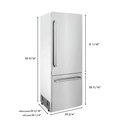 ZLINE 30" Panel Ready Built in 2-Door Bottom Freezer Refrigerator - Internal Water and Ice Dispenser