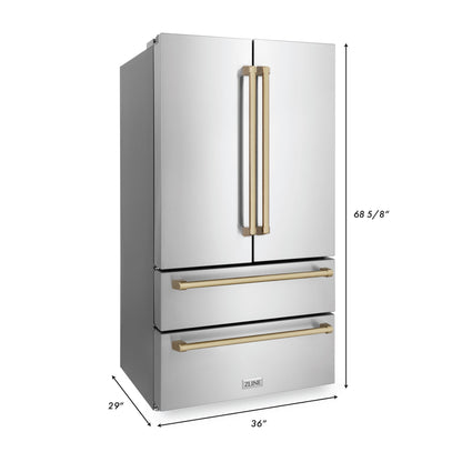 ZLINE 4-Appliance 36" Autograph Edition Kitchen Package with Stainless Steel Dual Fuel Range, Range Hood, Dishwasher, and Refrigeration with Champagne Bronze Accents