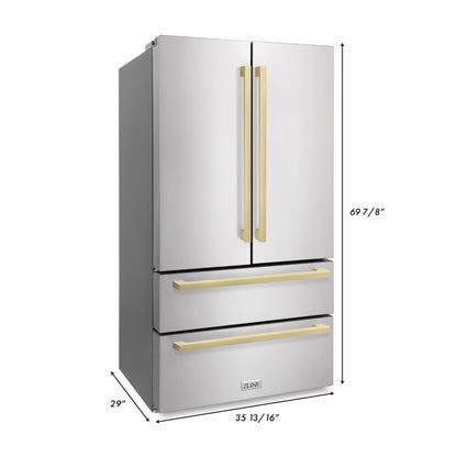 ZLINE 36" Autograph Edition 4-Door French Door Refrigerator with Ice Maker - Stainless Steel with Champagne Bronze Square Handles