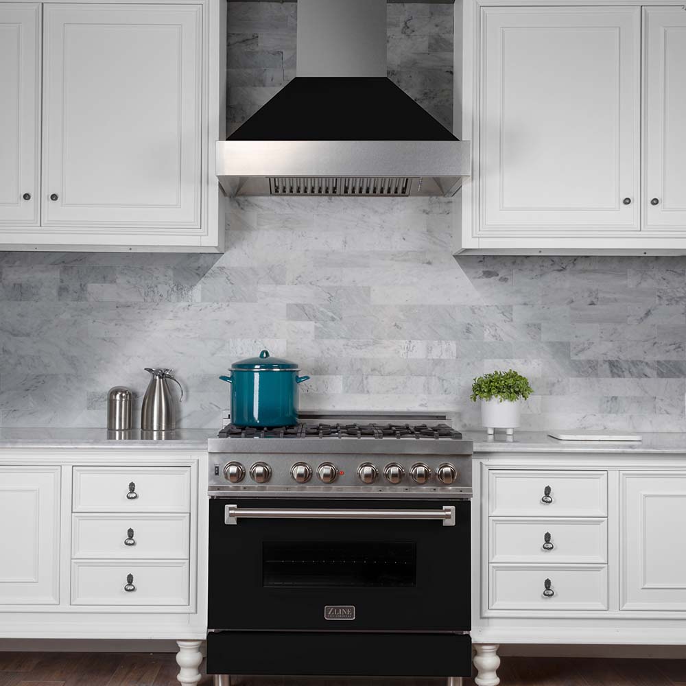 ZLINE 2-Appliance 36" Kitchen Package with DuraSnow Stainless Steel Dual Fuel Range with Matte Black Door and Convertible Vent Range Hood