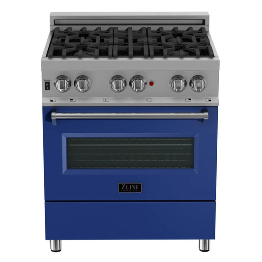 ZLINE 30" Dual Fuel Range with Gas Stove and Electric Oven - Fingerprint Resistant Stainless Steel, Blue Matte Door