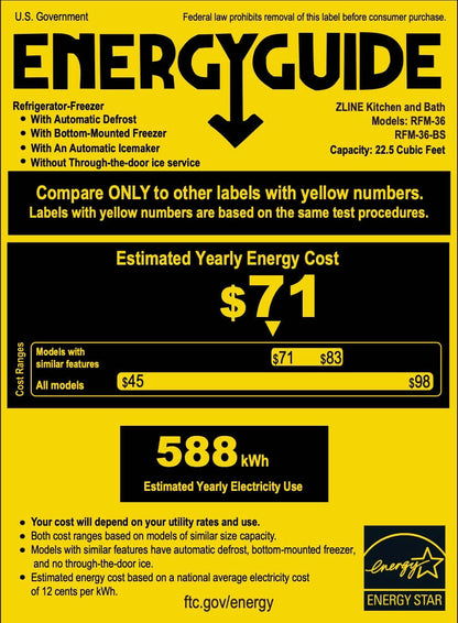 ZLINE 36" Freestanding French Door Refrigerator with Internal Ice Maker