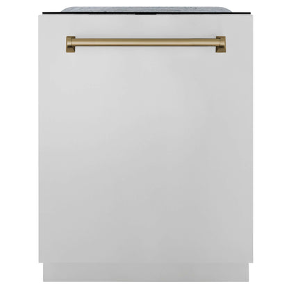 ZLINE 4-Appliance 30" Autograph Edition Kitchen Package with Stainless Steel Dual Fuel Range, Range Hood, Dishwasher, and Refrigeration with Champagne Bronze Accents