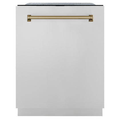 ZLINE 4-Appliance 36" Autograph Edition Kitchen Package with Stainless Steel Dual Fuel Range, Range Hood, Dishwasher, and Refrigeration Including External Water Dispenser with Champagne Bronze Accents