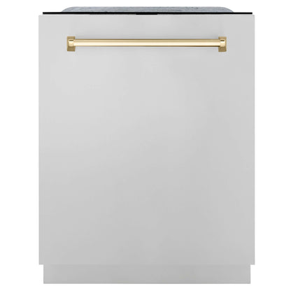 ZLINE 4-Appliance 30" Autograph Edition Kitchen Package with Stainless Steel Dual Fuel Range, Range Hood, Dishwasher, and Refrigeration Including External Water Dispenser with Polished Gold Accents